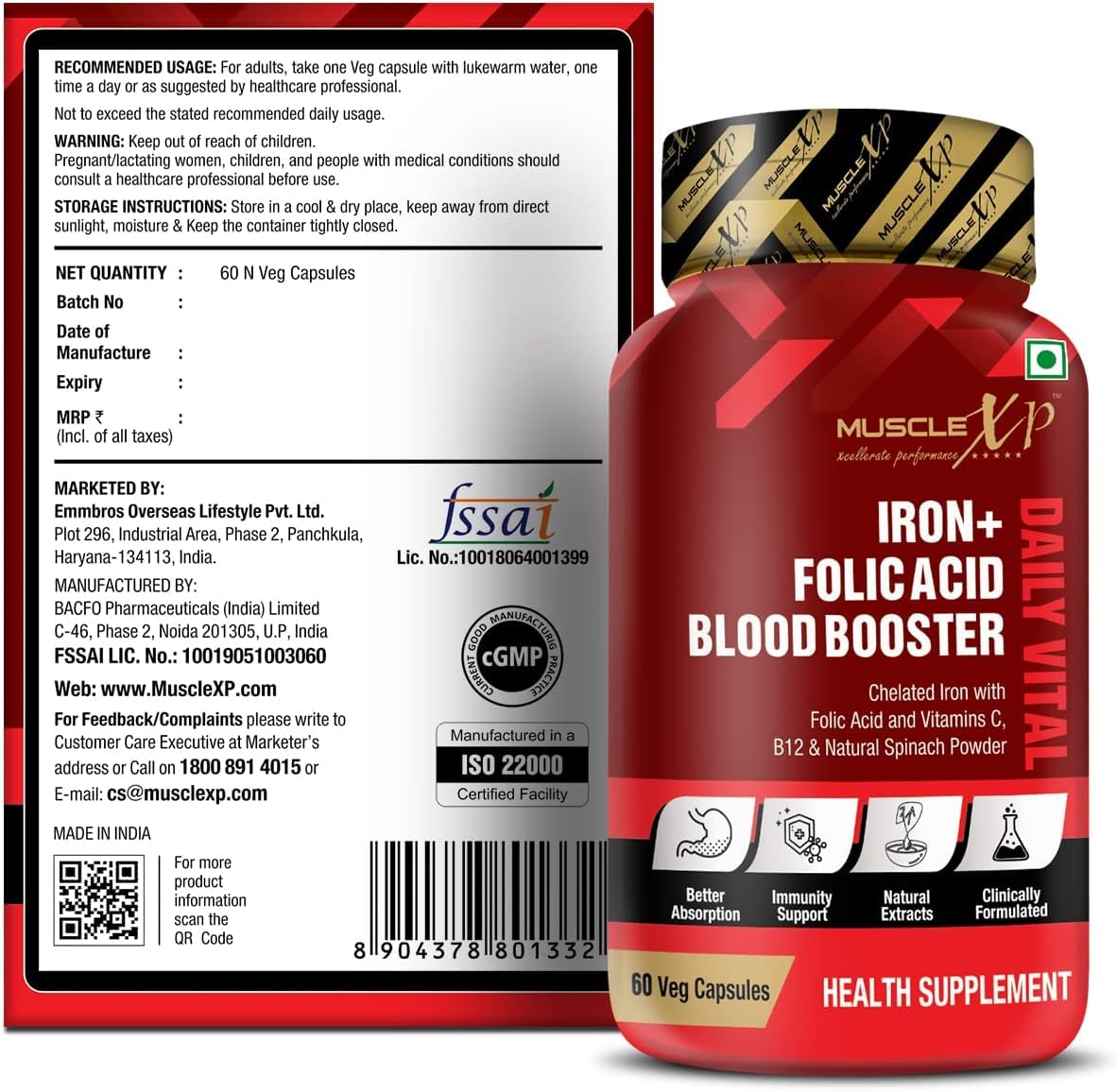 Chelated Iron Folic Acid Supplement with Vitamin C & B12, Natural Spinach Powder - 60 Veg Capsules