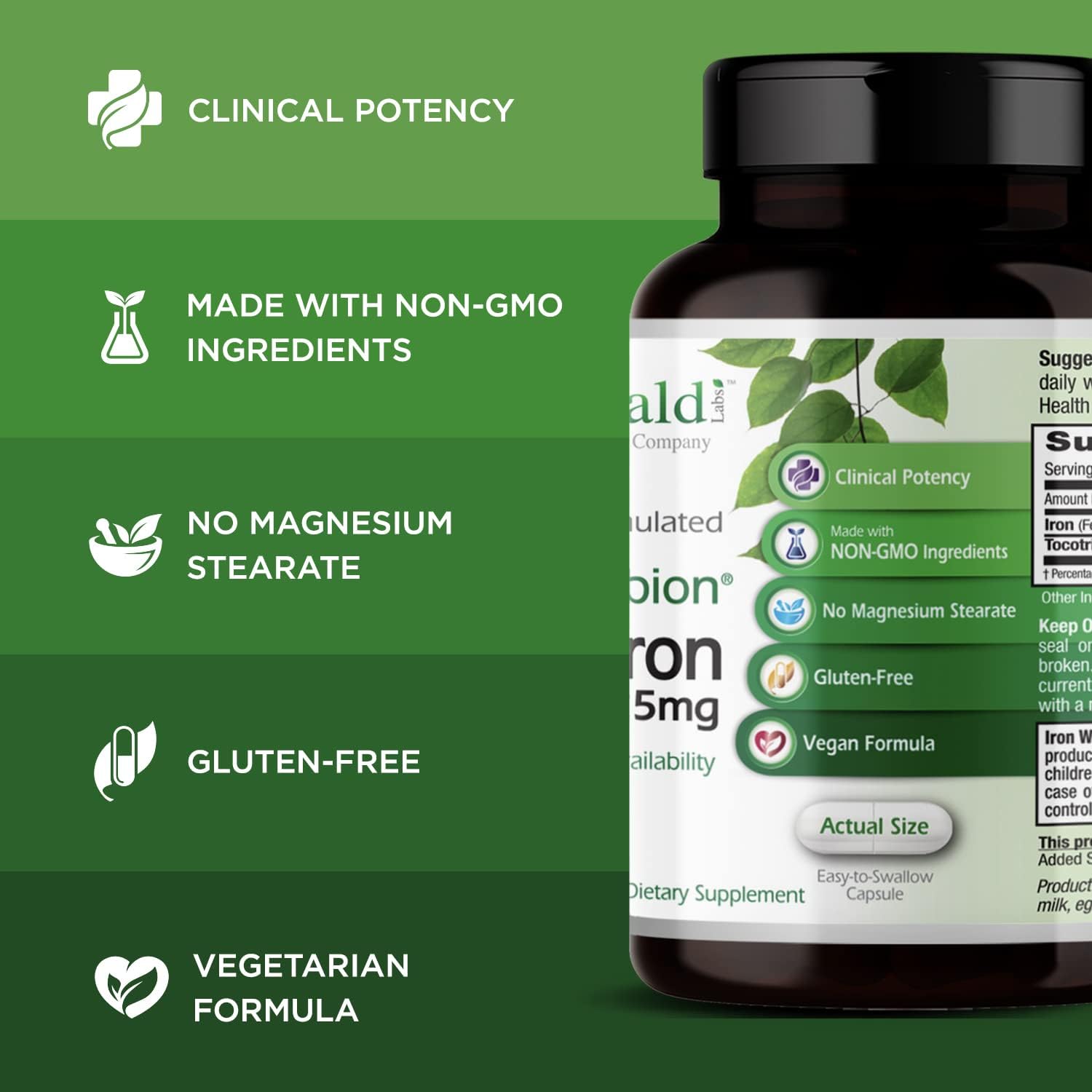 Chelated Iron Supplement for Energy, Eye, Immune & Heart Health - 120-Day Supply of 25mg Ferrous Bisglycinate Chelate Capsules