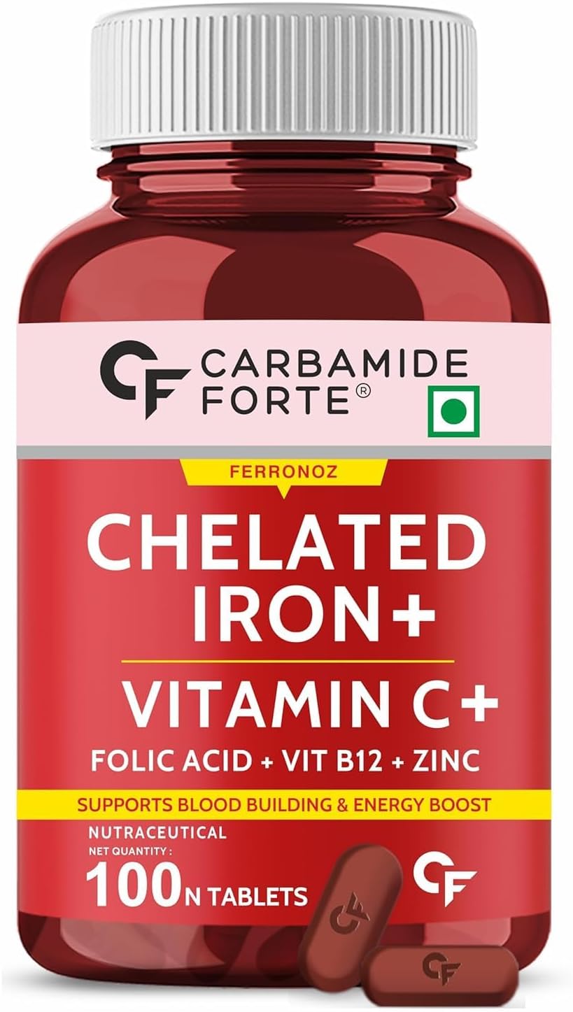 Chelated Iron Supplement with Vitamin C, B12, Zinc | 100 Vegetarian Tablets for Men and Women