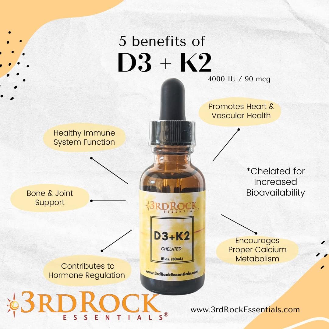 Chelated Liquid Vitamin D3 K2 Drops for Calcium Absorption & Strong Bones - Vegan & Gluten Free - 1 Fl Oz