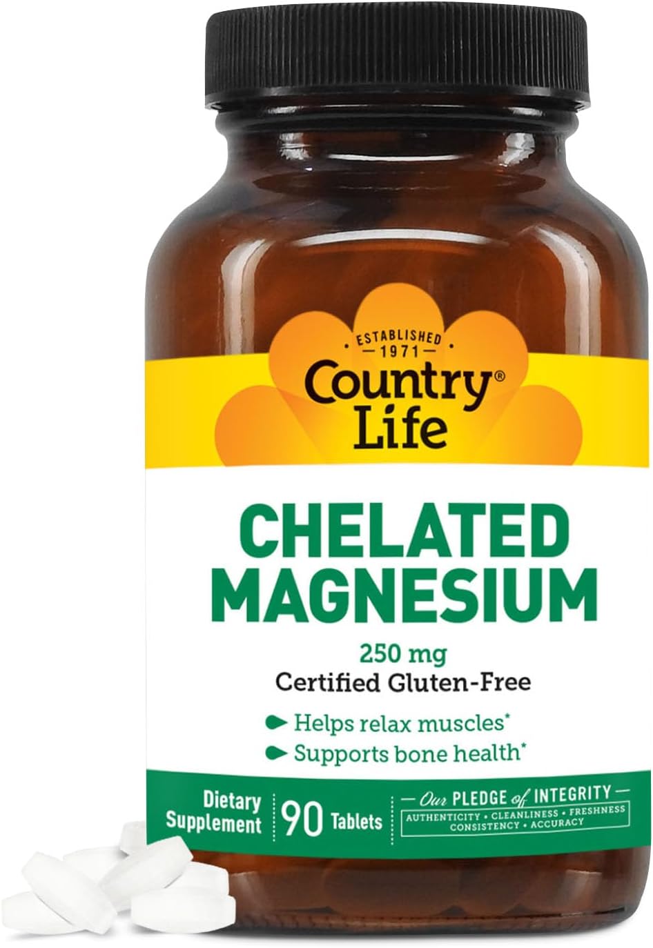 Chelated Magnesium 250mg, Supports Bone and Immune Health, 90 ct Daily Supplement by Country Life