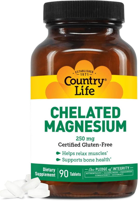 Chelated Magnesium 250mg, Supports Bone and Immune Health, 90 ct Daily Supplement by Country Life