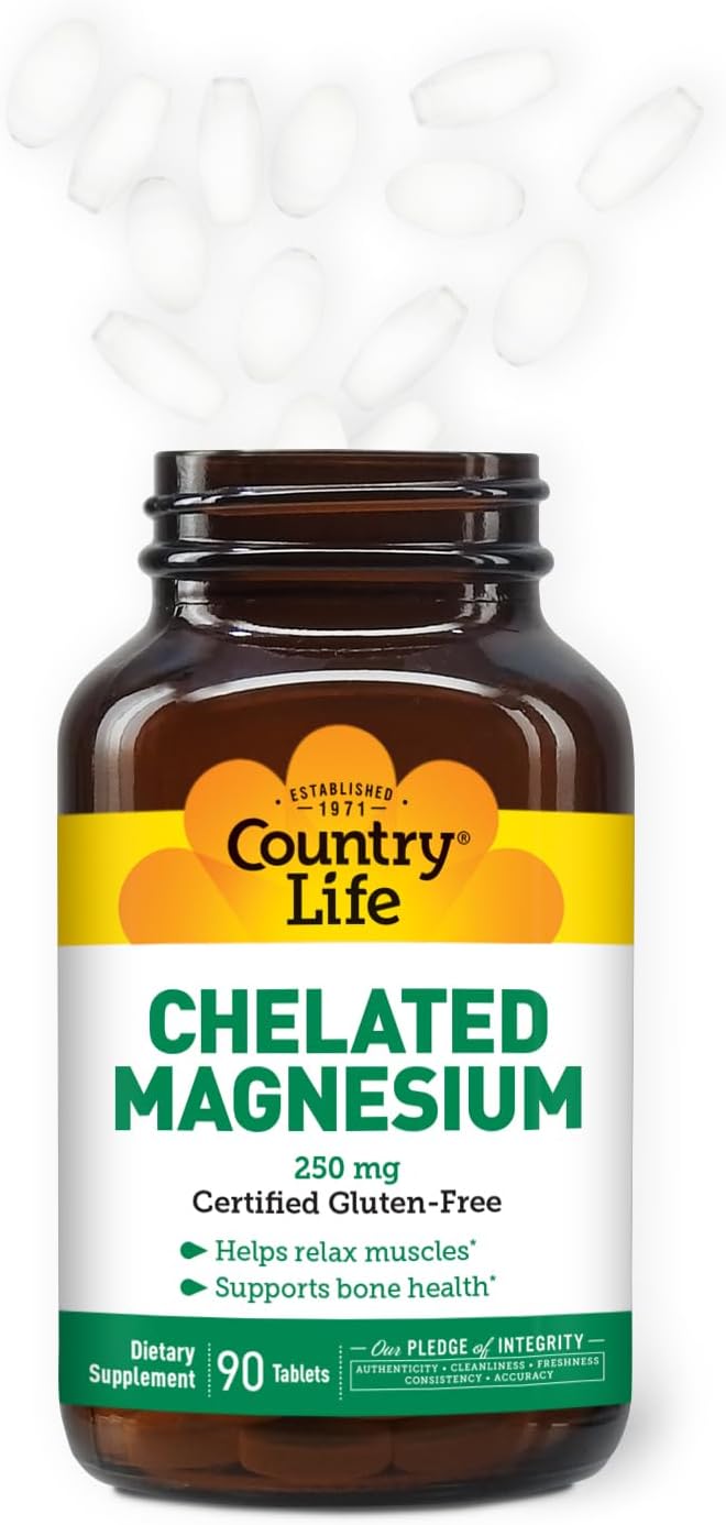 Chelated Magnesium 250mg, Supports Bone and Immune Health, 90 ct Daily Supplement by Country Life