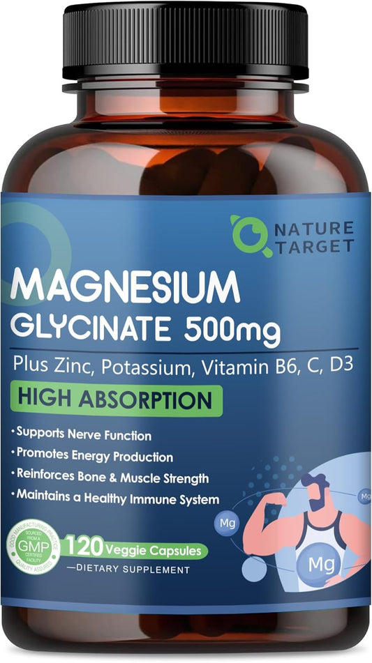 Chelated Magnesium 500mg with Zinc & Vitamin D3 - Supports Muscle, Nerve, Bone Health - Heart & Immune System - 120 Capsules