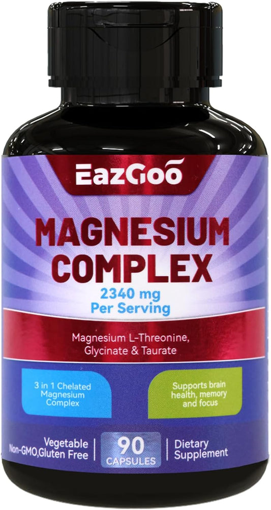 Chelated Magnesium Complex 2340mg - 3 Forms of Magnesium for Relaxation & Brain Health - 90 Veggie Capsules