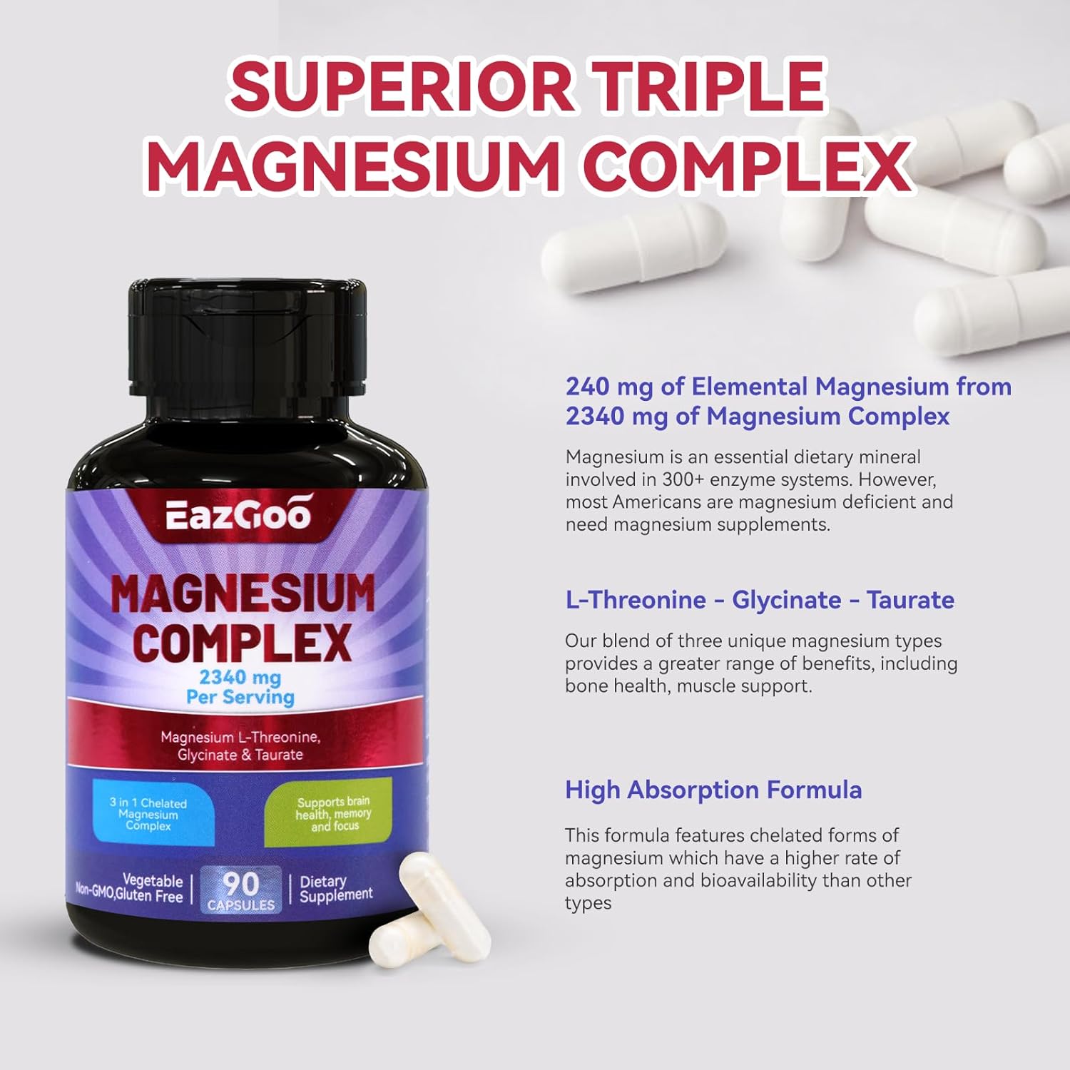 Chelated Magnesium Complex 2340mg - 3 Forms of Magnesium for Relaxation & Brain Health - 90 Veggie Capsules