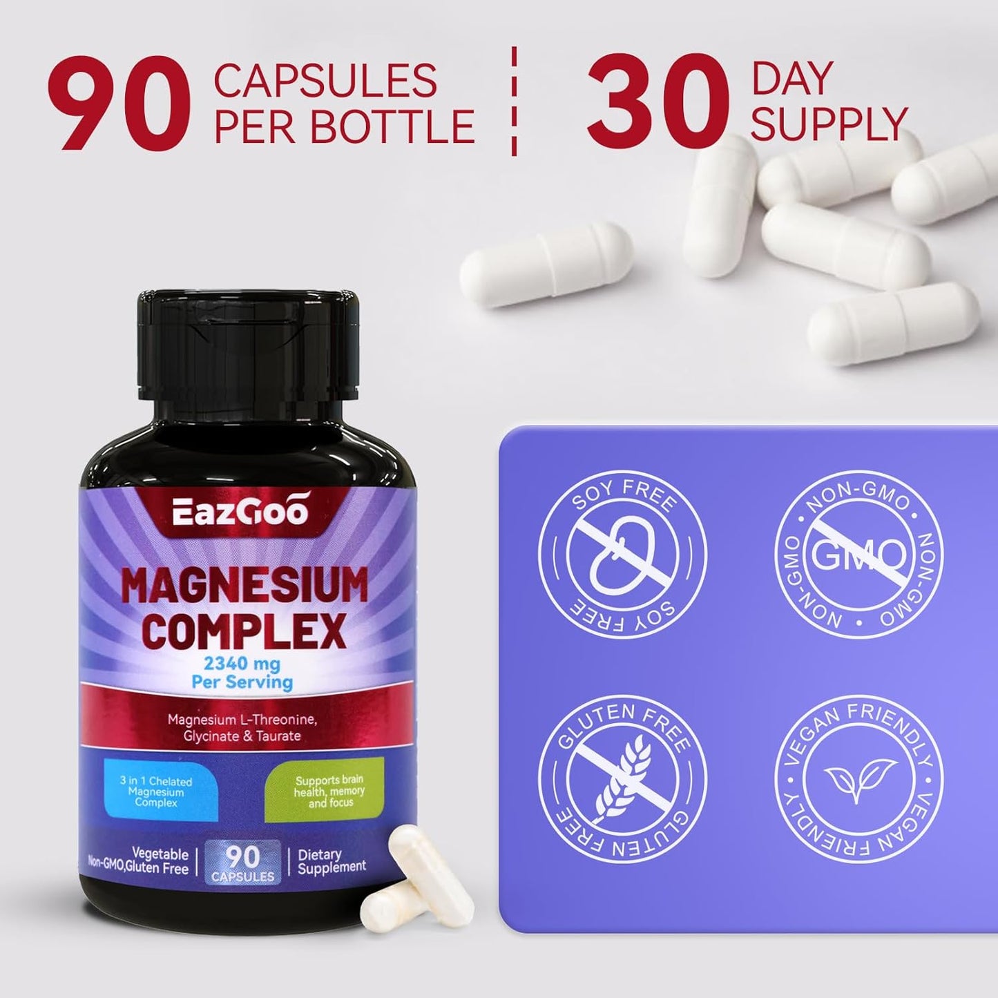 Chelated Magnesium Complex 2340mg - 3 Forms of Magnesium for Relaxation & Brain Health - 90 Veggie Capsules