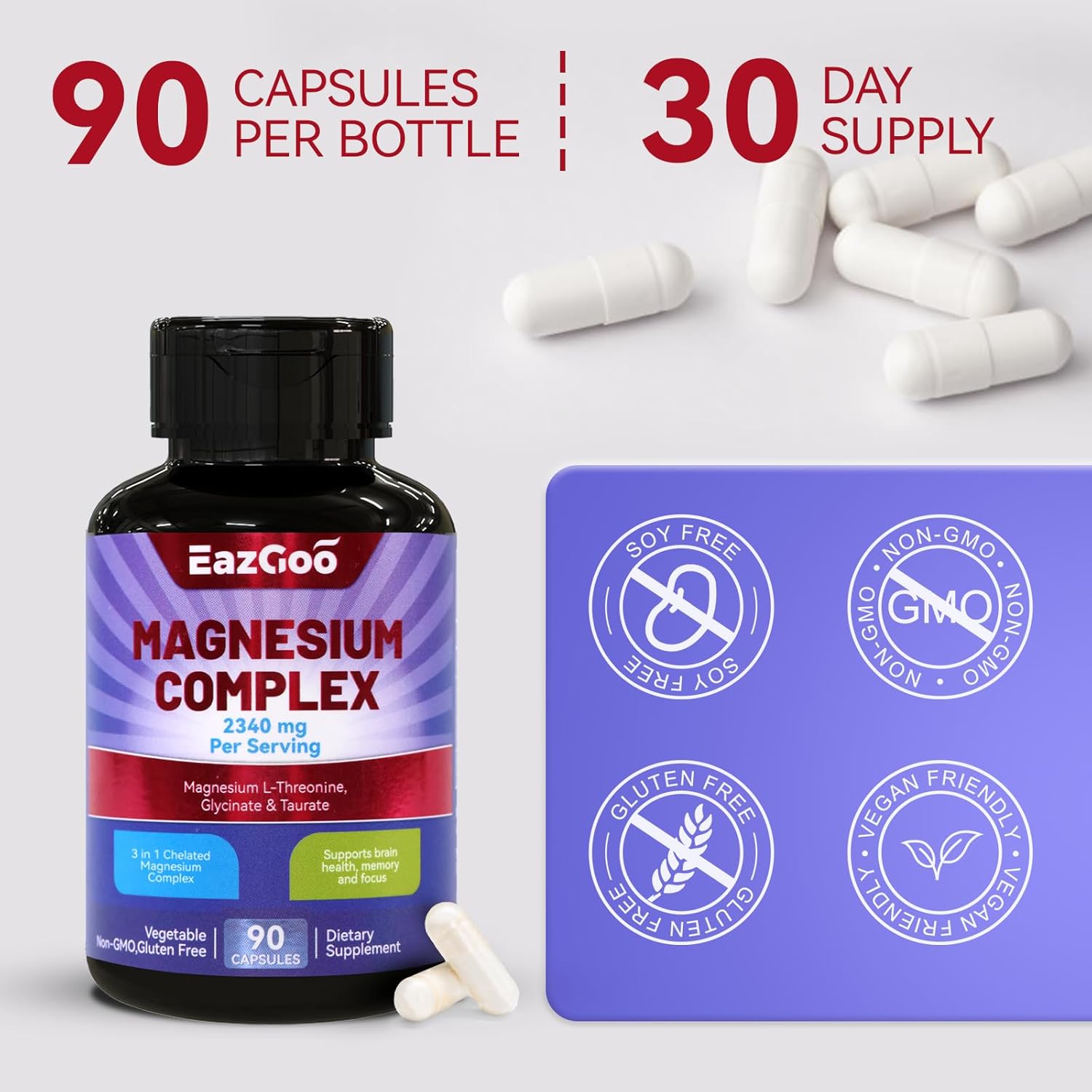 Chelated Magnesium Complex 2340mg - 3 Forms of Magnesium for Relaxation & Brain Health - 90 Veggie Capsules