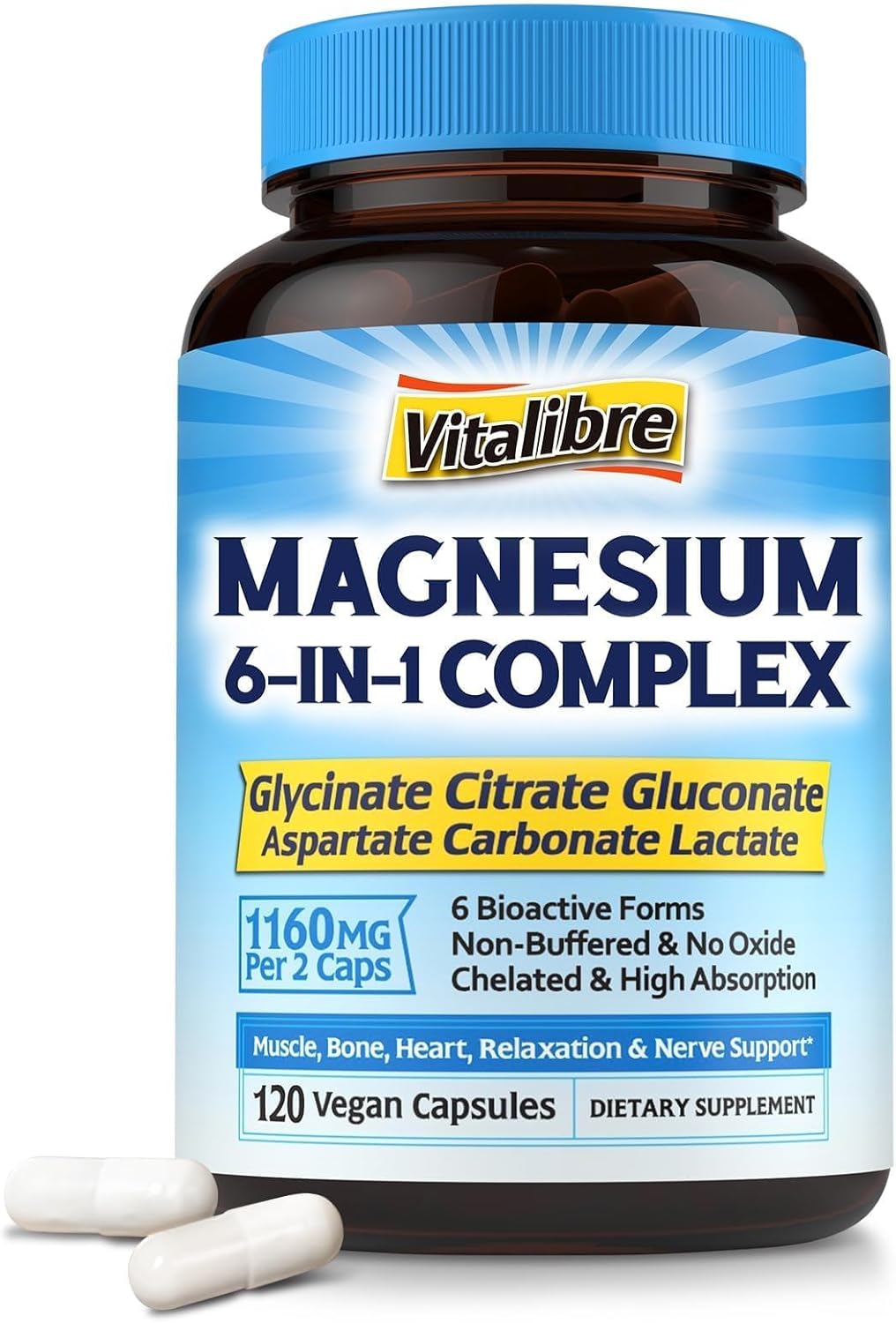 Chelated Magnesium Complex Supplement 6 in 1 - 1160mg for Better Sleep, Muscle Relaxation, and Nerve Calm - Vegan Capsules - Non GMO & Gluten Free