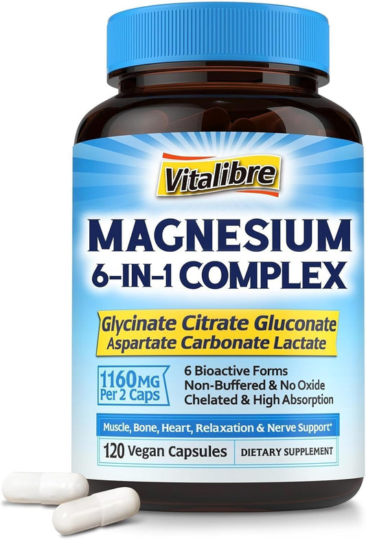 Chelated Magnesium Complex Supplement 6 in 1 - 1160mg for Better Sleep, Muscle Relaxation, and Nerve Calm - Vegan Capsules - Non GMO & Gluten Free