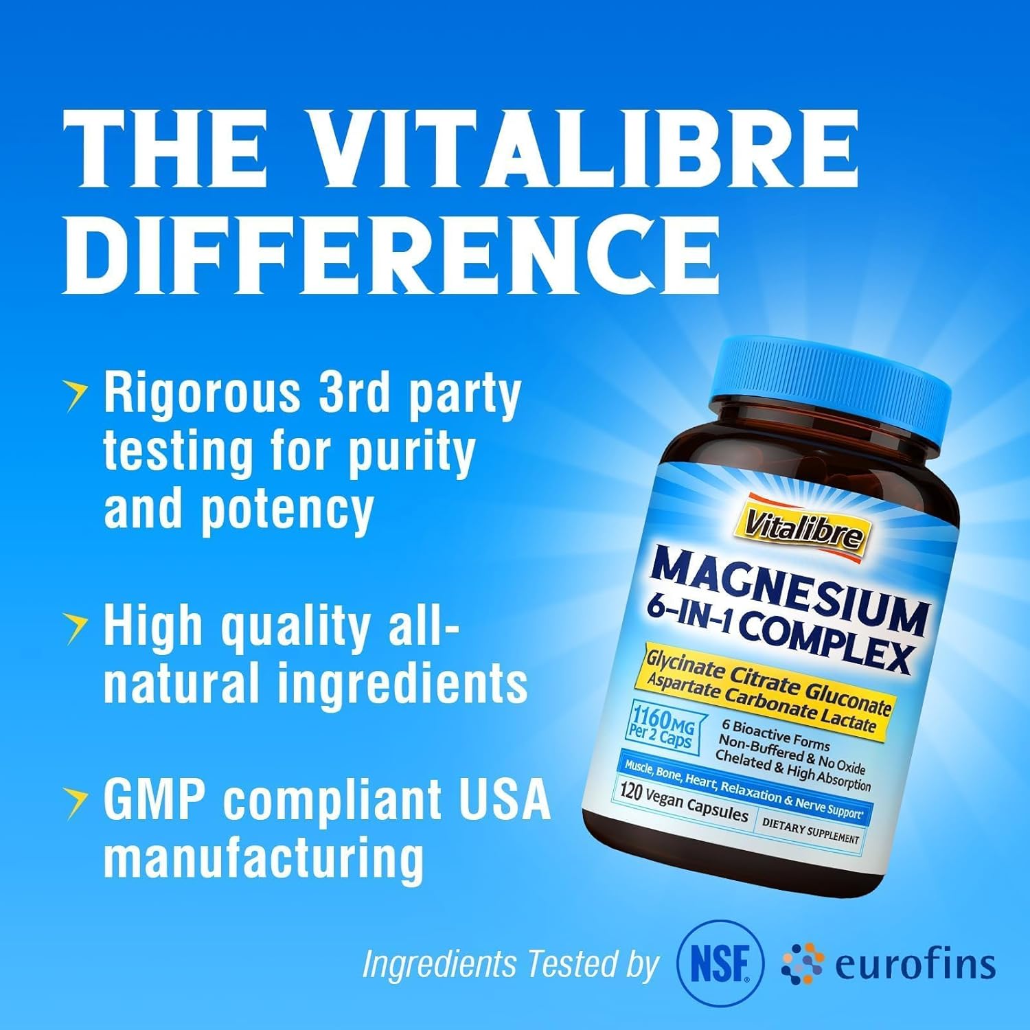 Chelated Magnesium Complex Supplement 6 in 1 - 1160mg for Better Sleep, Muscle Relaxation, and Nerve Calm - Vegan Capsules - Non GMO & Gluten Free