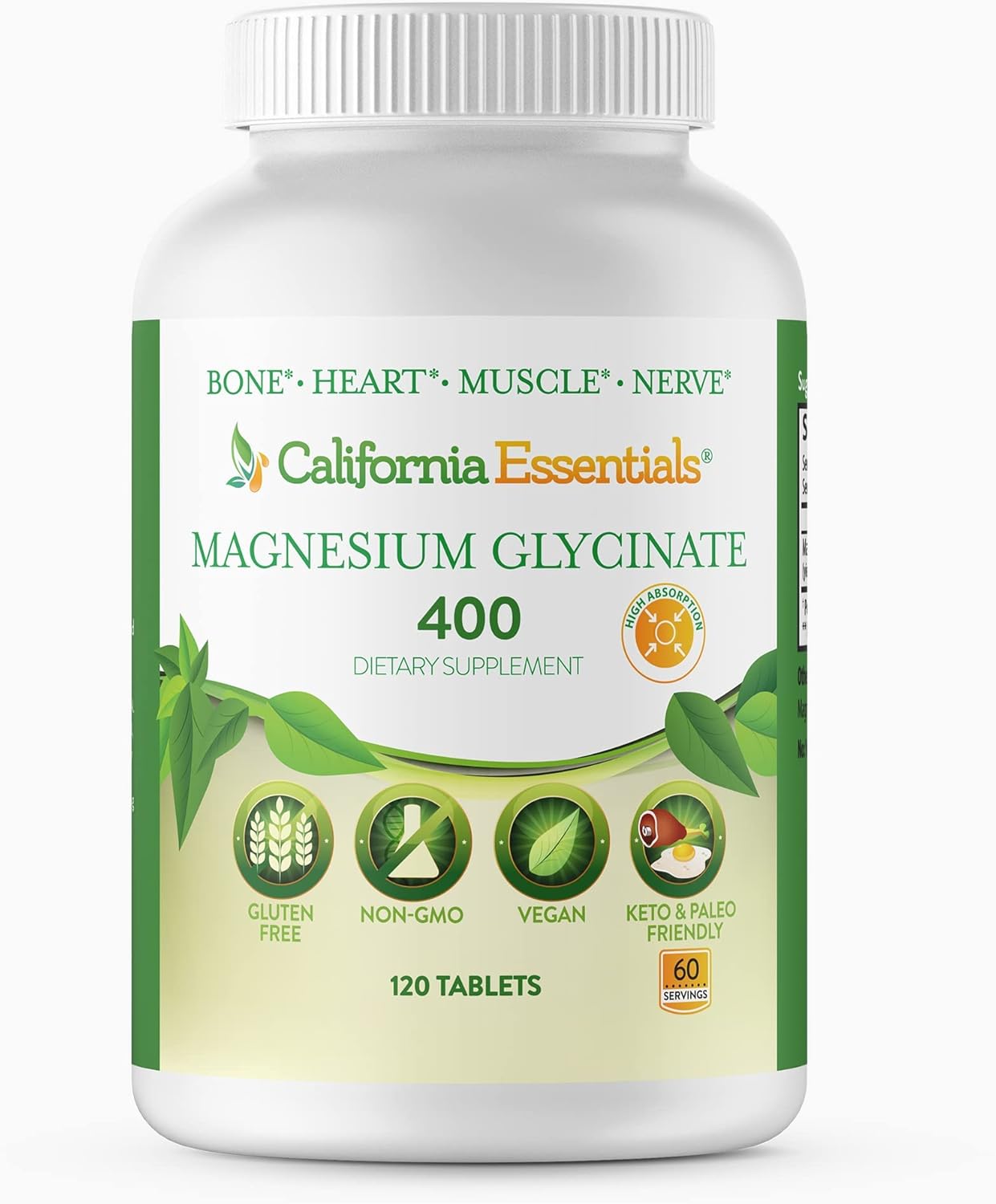 Chelated Magnesium Glycinate 400 - High Absorption Muscle Relief, Bone & Heart Support - Vegan, Non-GMO, Gluten-Free - 120 Tablets