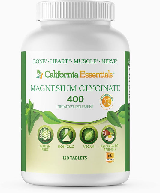 Chelated Magnesium Glycinate 400 - High Absorption Muscle Relief, Bone & Heart Support - Vegan, Non-GMO, Gluten-Free - 120 Tablets