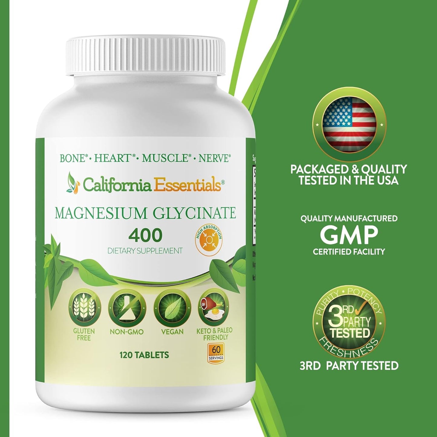 Chelated Magnesium Glycinate 400 - High Absorption Muscle Relief, Bone & Heart Support - Vegan, Non-GMO, Gluten-Free - 120 Tablets