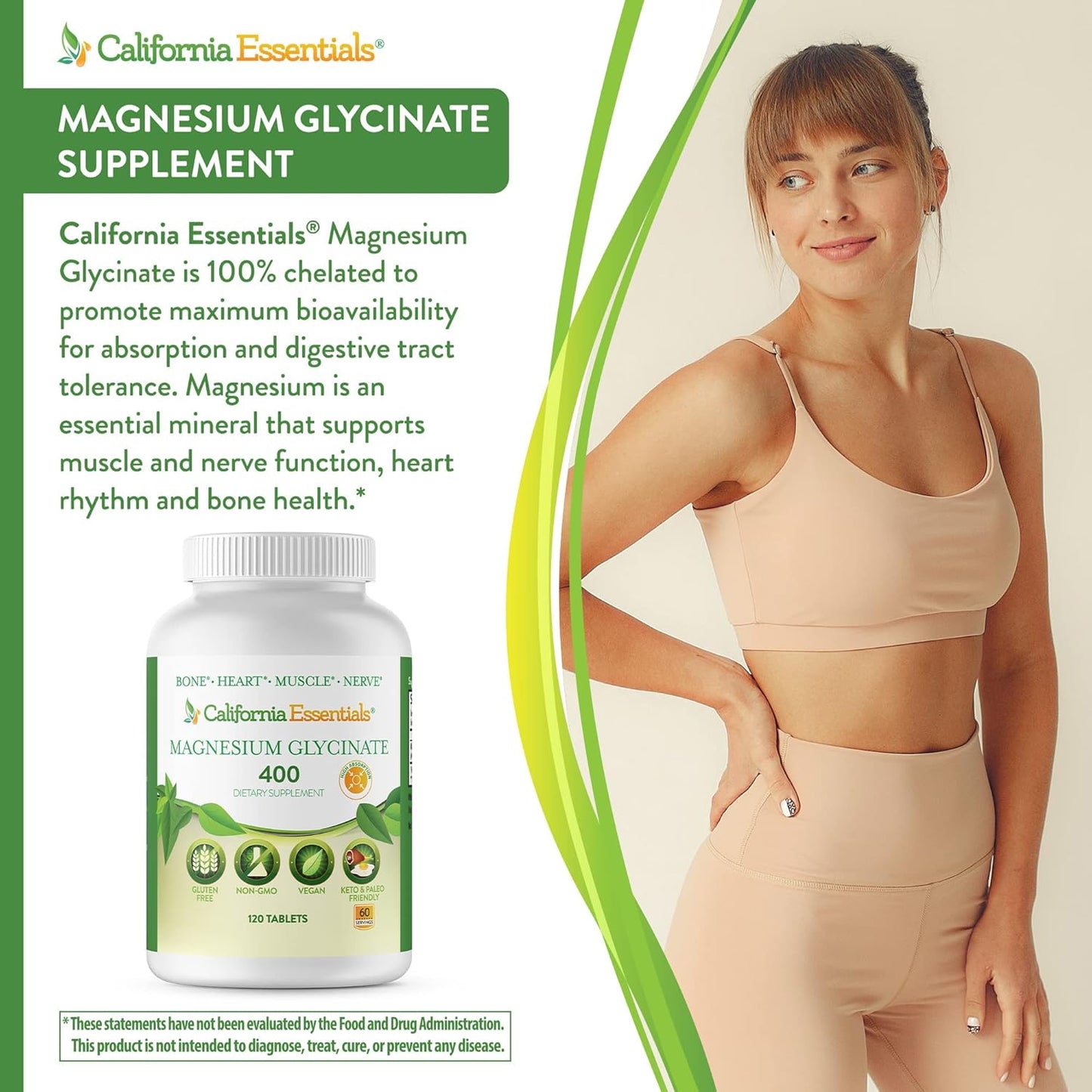Chelated Magnesium Glycinate 400 - High Absorption Muscle Relief, Bone & Heart Support - Vegan, Non-GMO, Gluten-Free - 120 Tablets