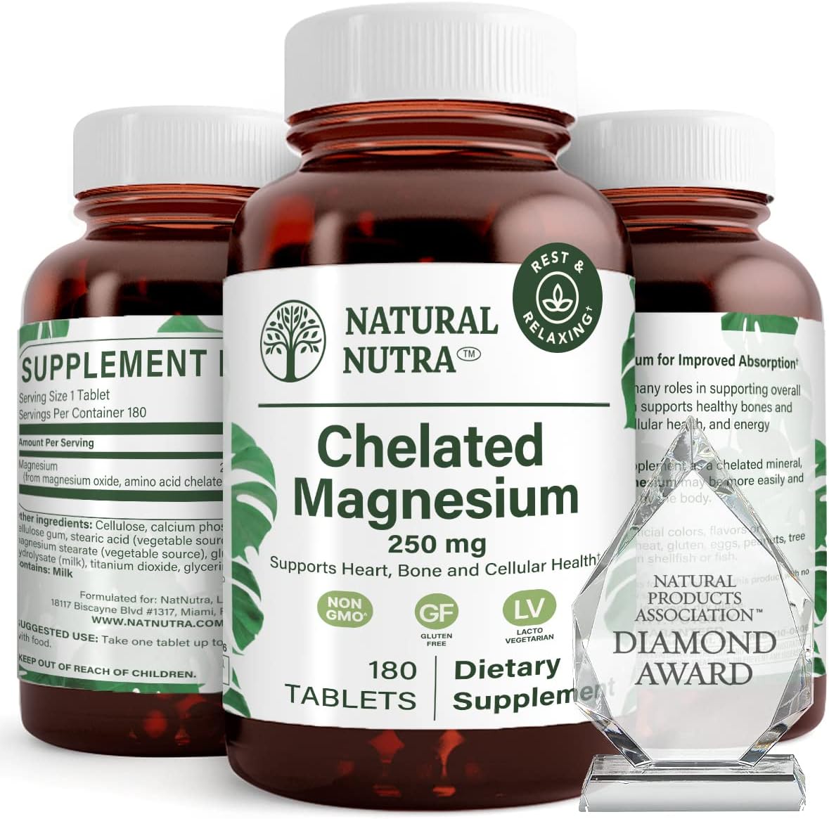 Chelated Magnesium Oxide Tablets - 250 mg for Strong Bones & Heart Health - Gluten-Free & Non-GMO - 2 Pack of 180 Tablets in Glass Bottles