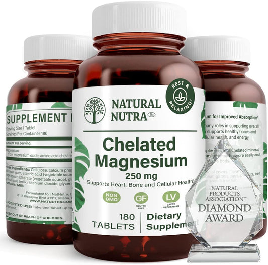 Chelated Magnesium Oxide Tablets - 250 mg for Strong Bones & Heart Health - Gluten-Free & Non-GMO - 2 Pack of 180 Tablets in Glass Bottles