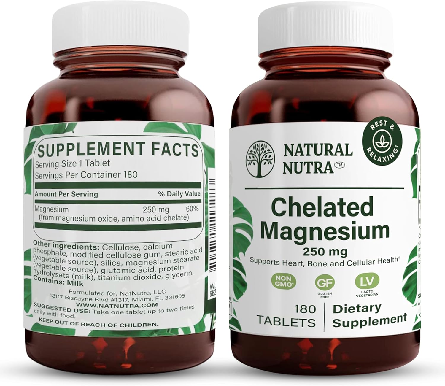 Chelated Magnesium Oxide Tablets - 250 mg for Strong Bones & Heart Health - Gluten-Free & Non-GMO - 2 Pack of 180 Tablets in Glass Bottles