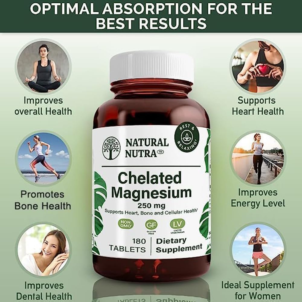 Chelated Magnesium Oxide Tablets - 250 mg for Strong Bones & Heart Health - Gluten-Free & Non-GMO - 2 Pack of 180 Tablets in Glass Bottles