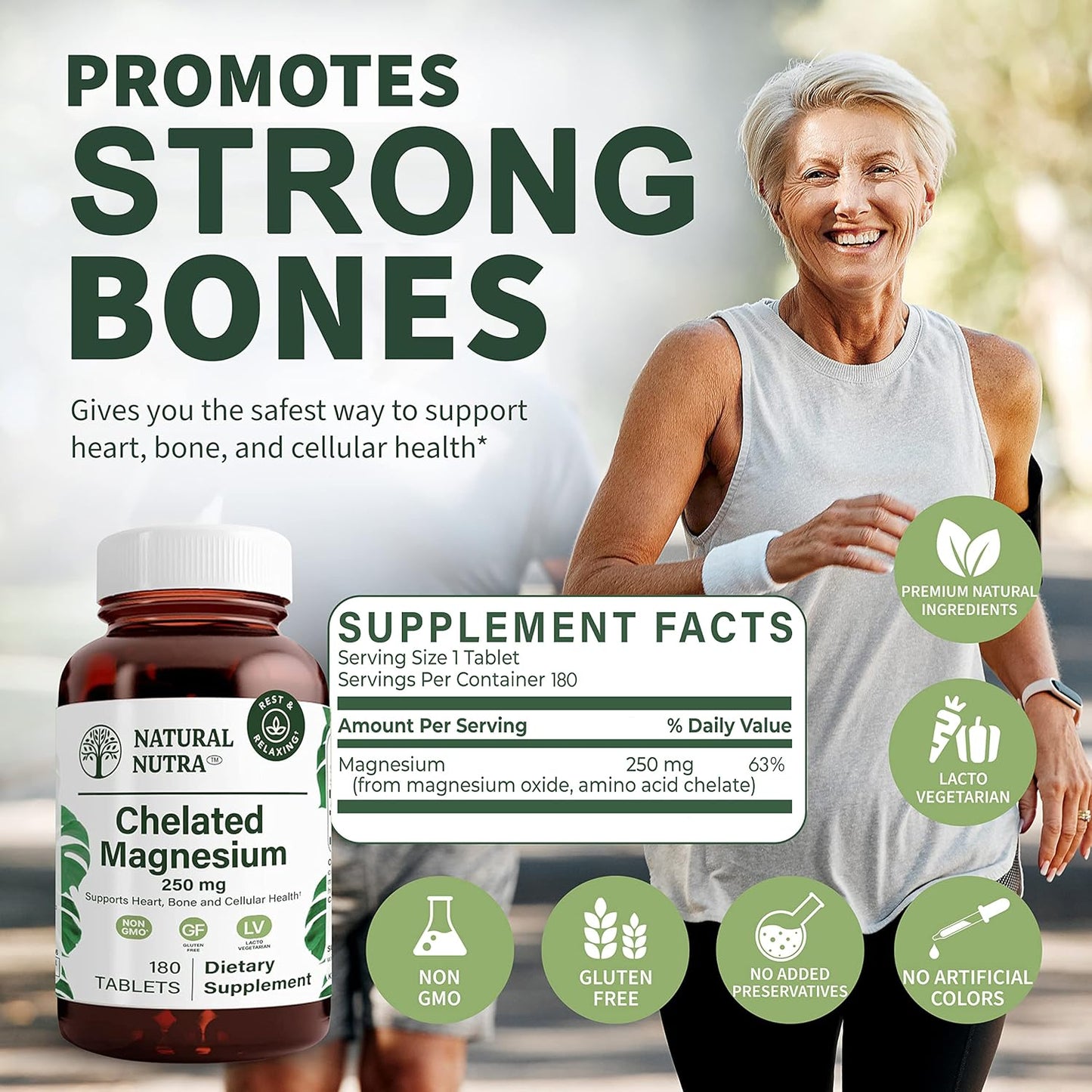 Chelated Magnesium Oxide Tablets - 250 mg for Strong Bones & Heart Health - Gluten-Free & Non-GMO - 2 Pack of 180 Tablets in Glass Bottles