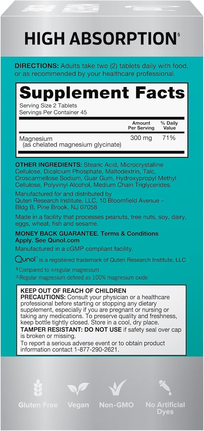 Chelated Magnesium Supplement 300mg, 90 Tablets - Qunol Magnesium Glycinate