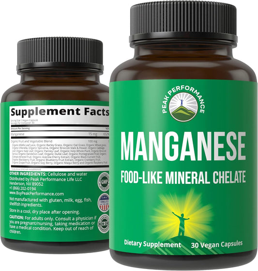 Chelated Manganese Supplement with Whole Food Blend for Peak Performance - 25+ Fruits & Vegetables - Trace Mineral Capsules for Bone Health & Enzyme Support