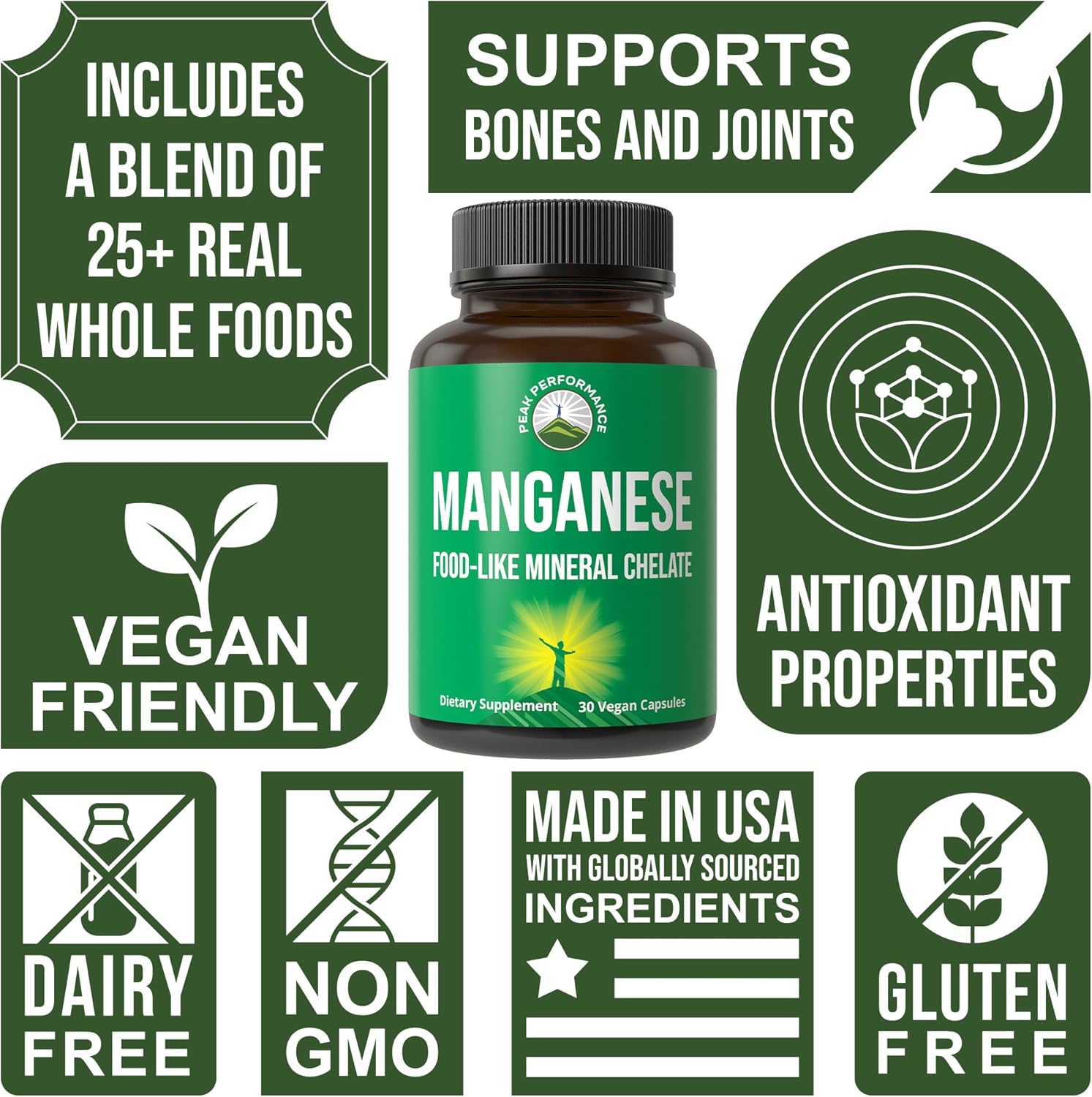 Chelated Manganese Supplement with Whole Food Blend for Peak Performance - 25+ Fruits & Vegetables - Trace Mineral Capsules for Bone Health & Enzyme Support