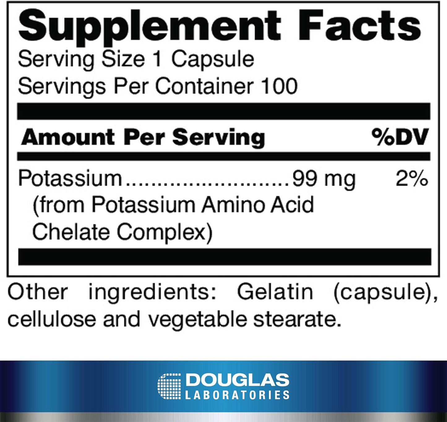 Chelated Potassium 99mg Capsules for Nerve Impulses, Muscle Function & Blood Pressure Support by Douglas Laboratories - 100ct