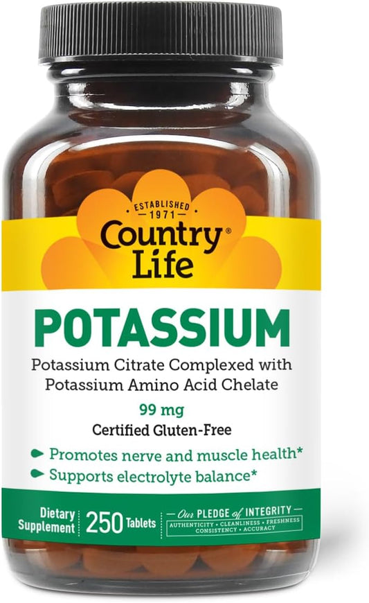Chelated Potassium 99mg Tablets for Neuromuscular Support & Electrolyte Balance - Gluten Free, Vegan, Kosher - 250 Tablets