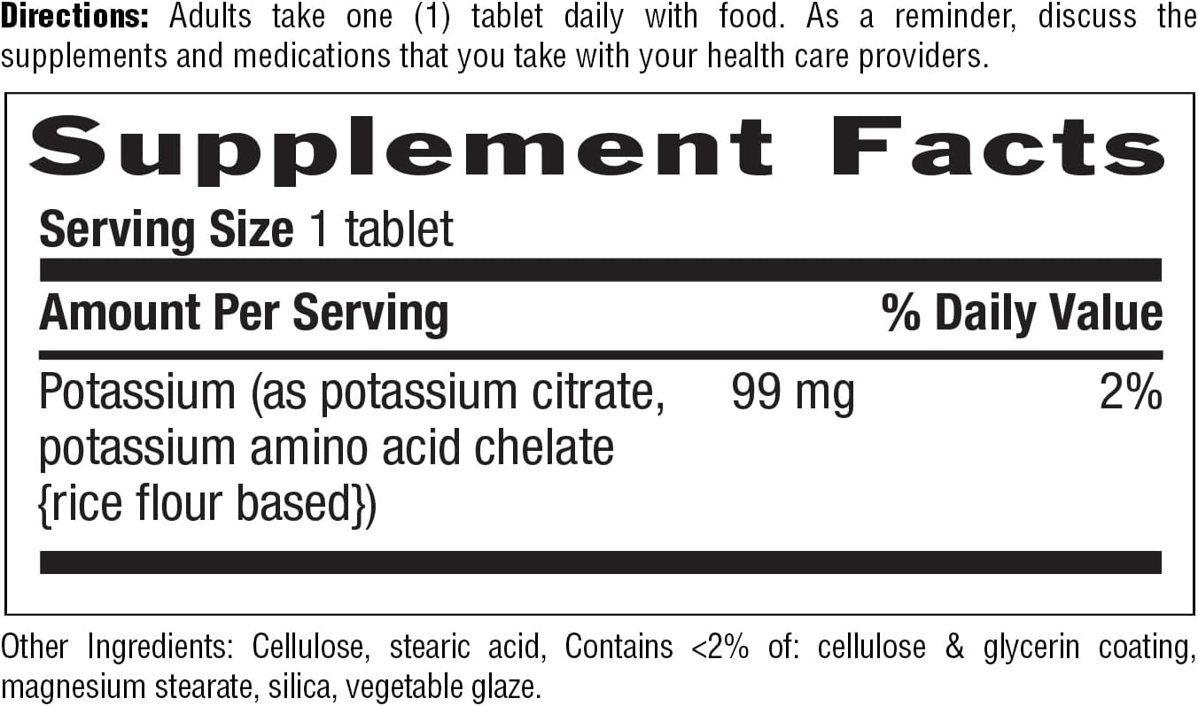 Chelated Potassium 99mg Tablets for Neuromuscular Support & Electrolyte Balance - Gluten Free, Vegan, Kosher - 250 Tablets