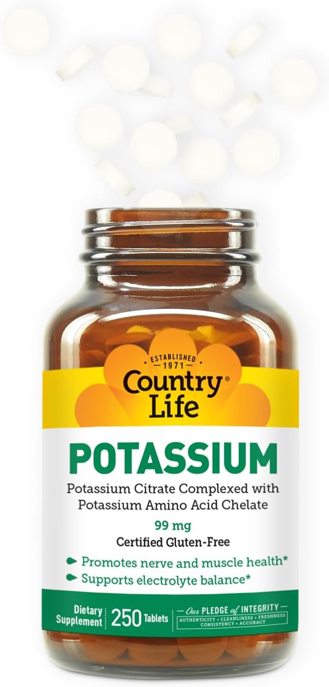 Chelated Potassium 99mg Tablets for Neuromuscular Support & Electrolyte Balance - Gluten Free, Vegan, Kosher - 250 Tablets