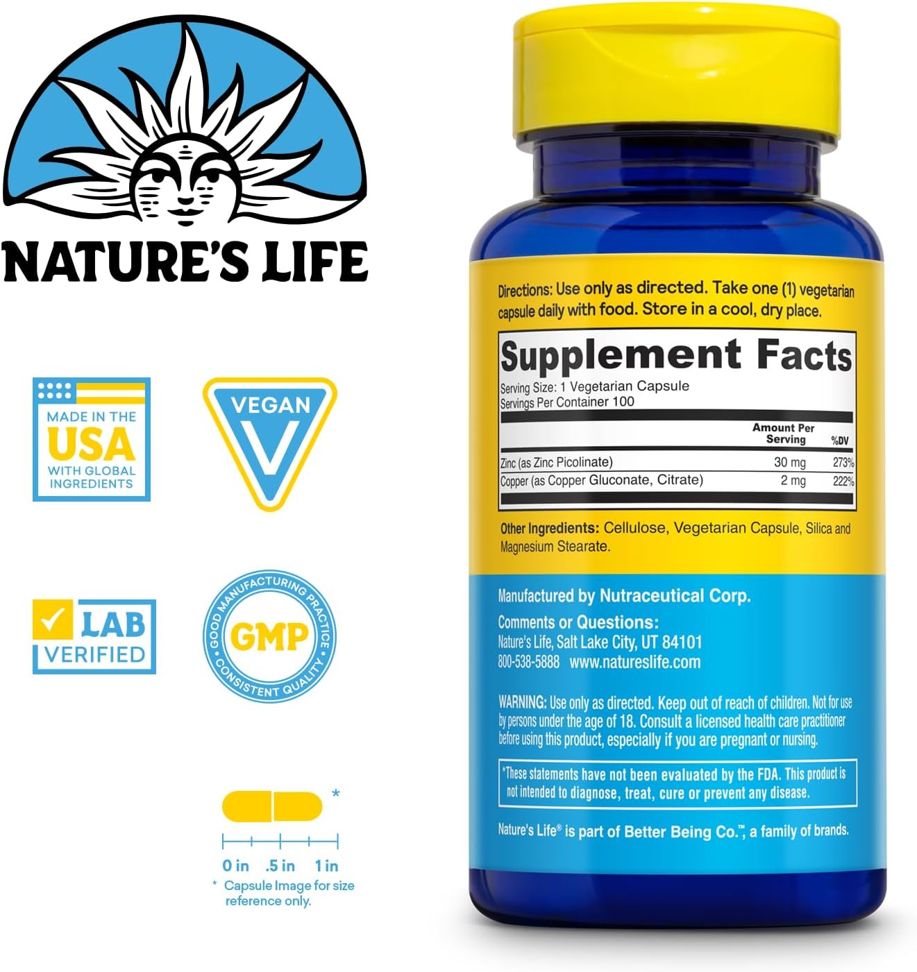 Chelated Zinc Picolinate Supplement with Copper for Immune, Cardiovascular, Skin, and Muscle Support - 100 Capsules, 60-Day Guarantee