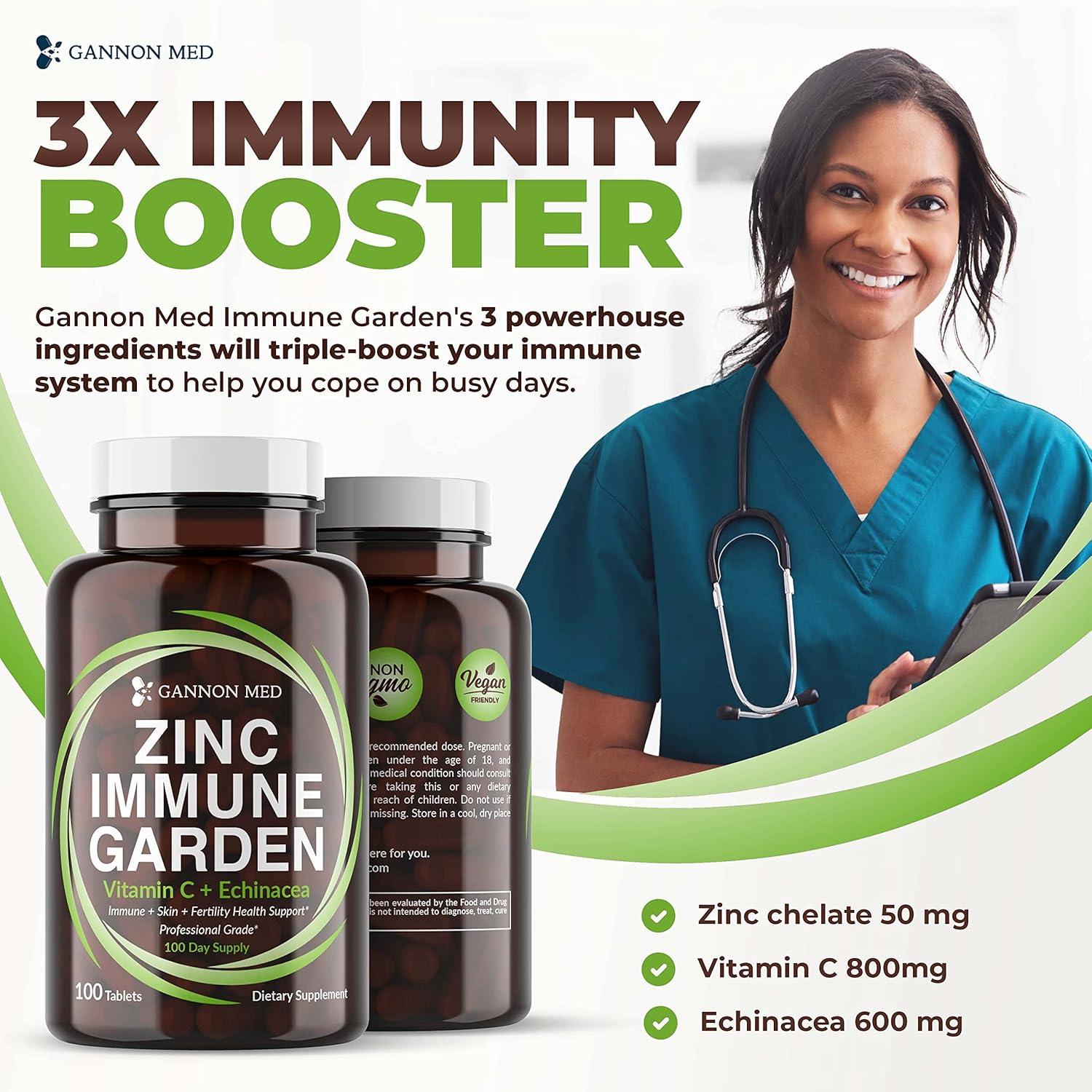 Chelated Zinc & Vitamin C Immune Support Tablets for Kids and Adults - Zinc Supplements with Echinacea for Immunity, Skin, and Reproductive Health - GANNON MED Zinc Chelate Booster