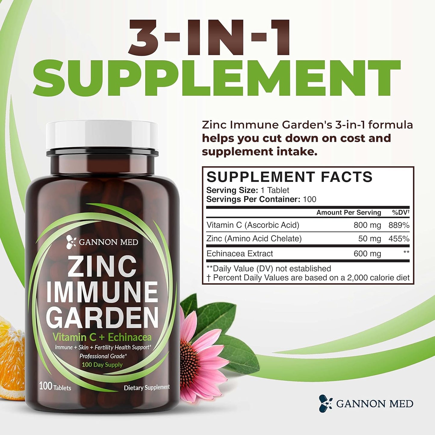 Chelated Zinc & Vitamin C Immune Support Tablets for Kids and Adults - Zinc Supplements with Echinacea for Immunity, Skin, and Reproductive Health - GANNON MED Zinc Chelate Booster