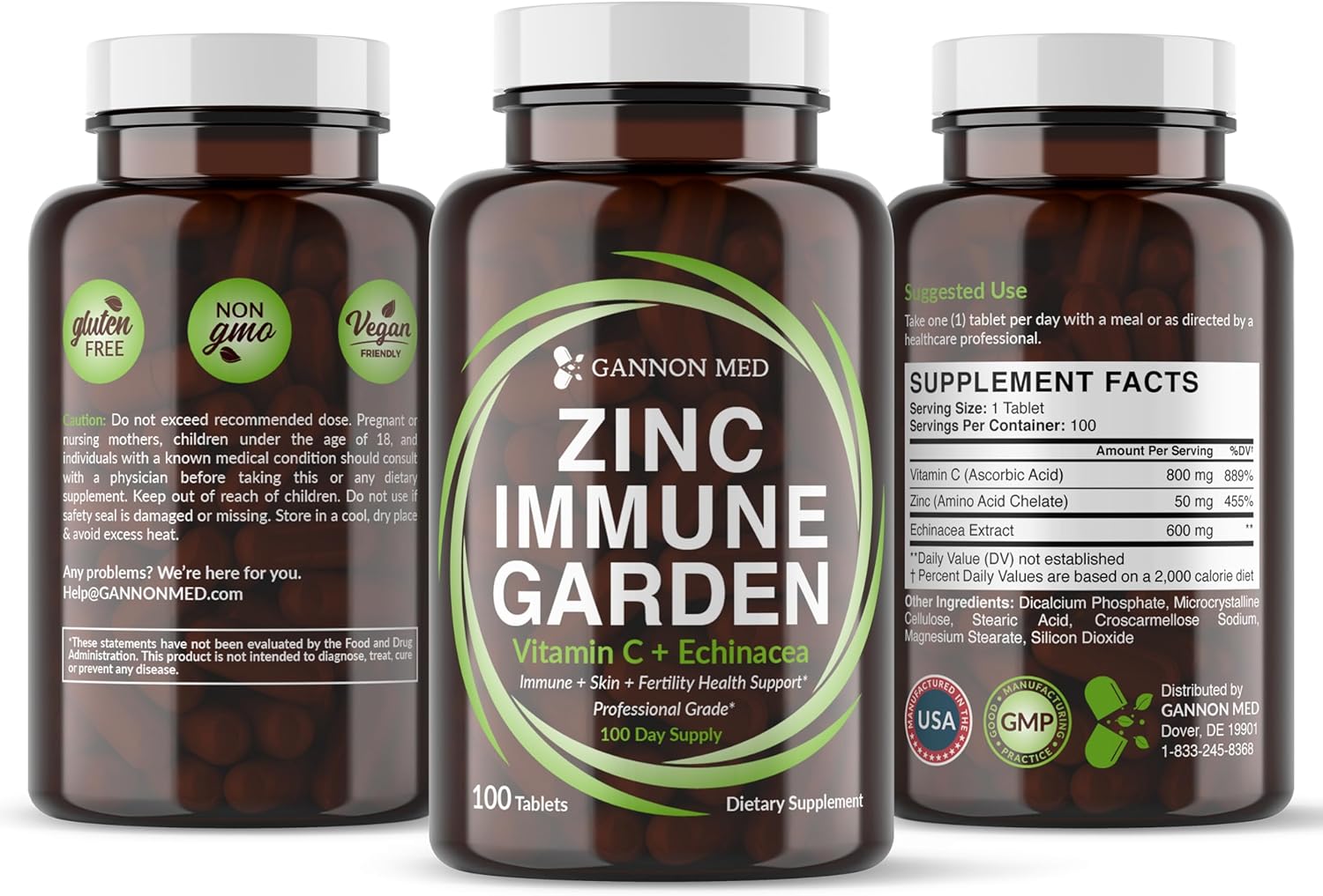 Chelated Zinc & Vitamin C Immune Support Tablets for Kids and Adults - Zinc Supplements with Echinacea for Immunity, Skin, and Reproductive Health - GANNON MED Zinc Chelate Booster