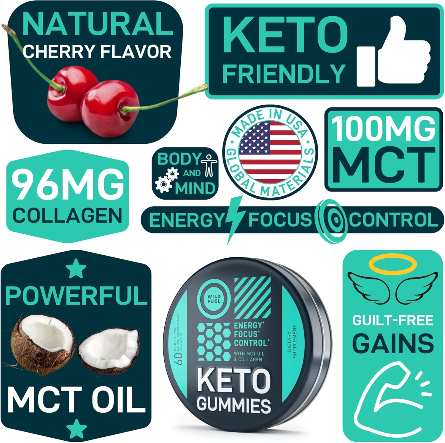 Cherry Collagen MCT Oil Gummies for Keto Energy Boost - Pre Workout Metabolism Booster Candy - 60 Gummy Chews for Men and Women, Low Carb & Calorie