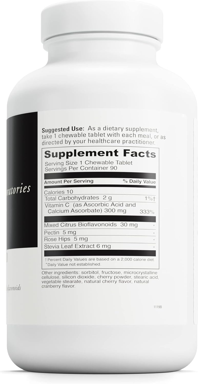 Cherry Flavored Chewable C-300 Vitamin C Supplement for Immune Health - 90 Vegetarian Tablets