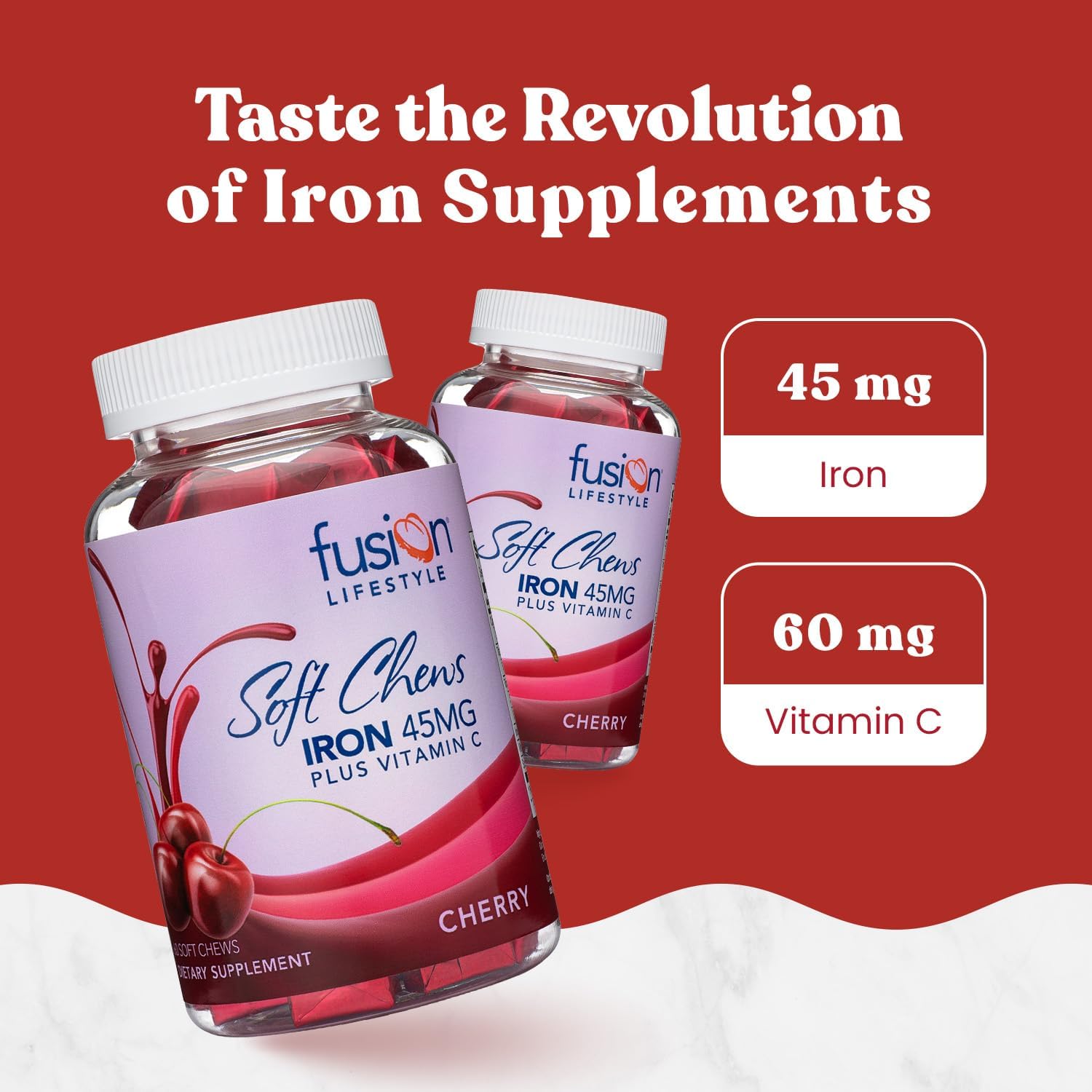 Cherry Flavored Chewable Iron Supplement for Men & Women - High Absorption Iron Vitamin C Soft Chews with Ferrous Fumarate - Ideal for Anemia, 2 Month Supply