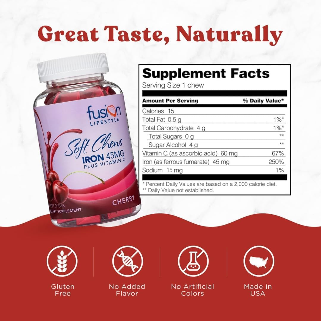 Cherry Flavored Chewable Iron Supplement for Men & Women - High Absorption Iron Vitamin C Soft Chews with Ferrous Fumarate - Ideal for Anemia, 2 Month Supply