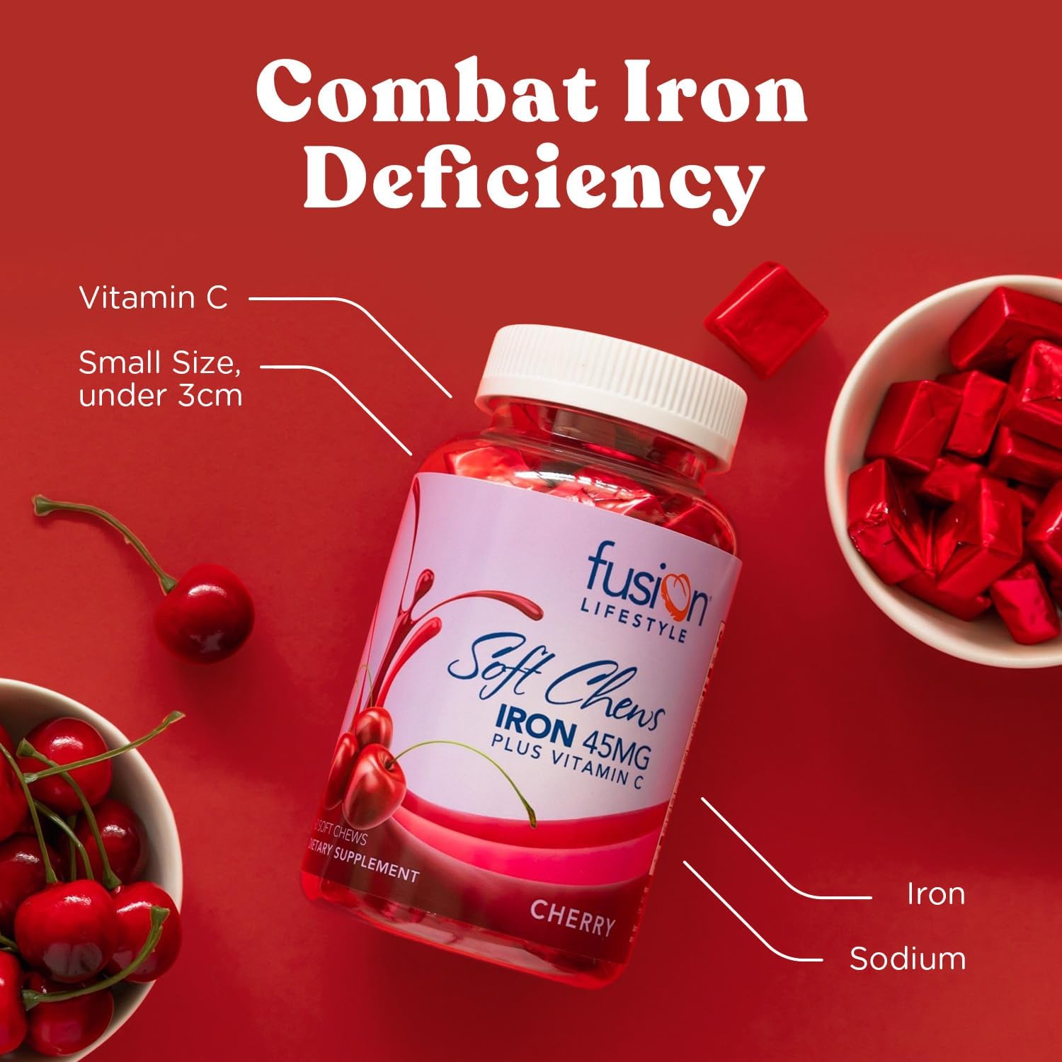 Cherry Flavored Chewable Iron Supplement for Men & Women - High Absorption Iron Vitamin C Soft Chews with Ferrous Fumarate - Ideal for Anemia, 2 Month Supply
