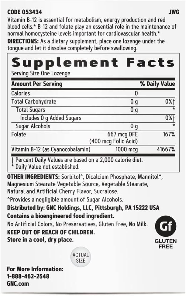 Cherry Flavored GNC Vitamin B-12 1000mcg Lozenges - 120 Count for Energy Production