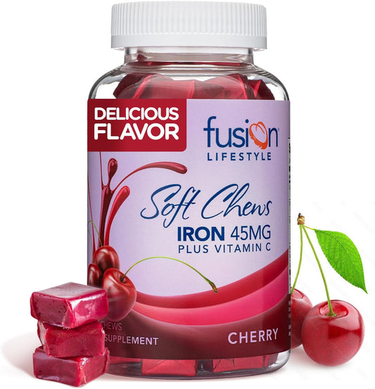 Cherry Flavored Iron Supplement Soft Chews for Men & Women, High Absorption Ferrous Fumarate, Ideal for Anemia, 2 Month Supply