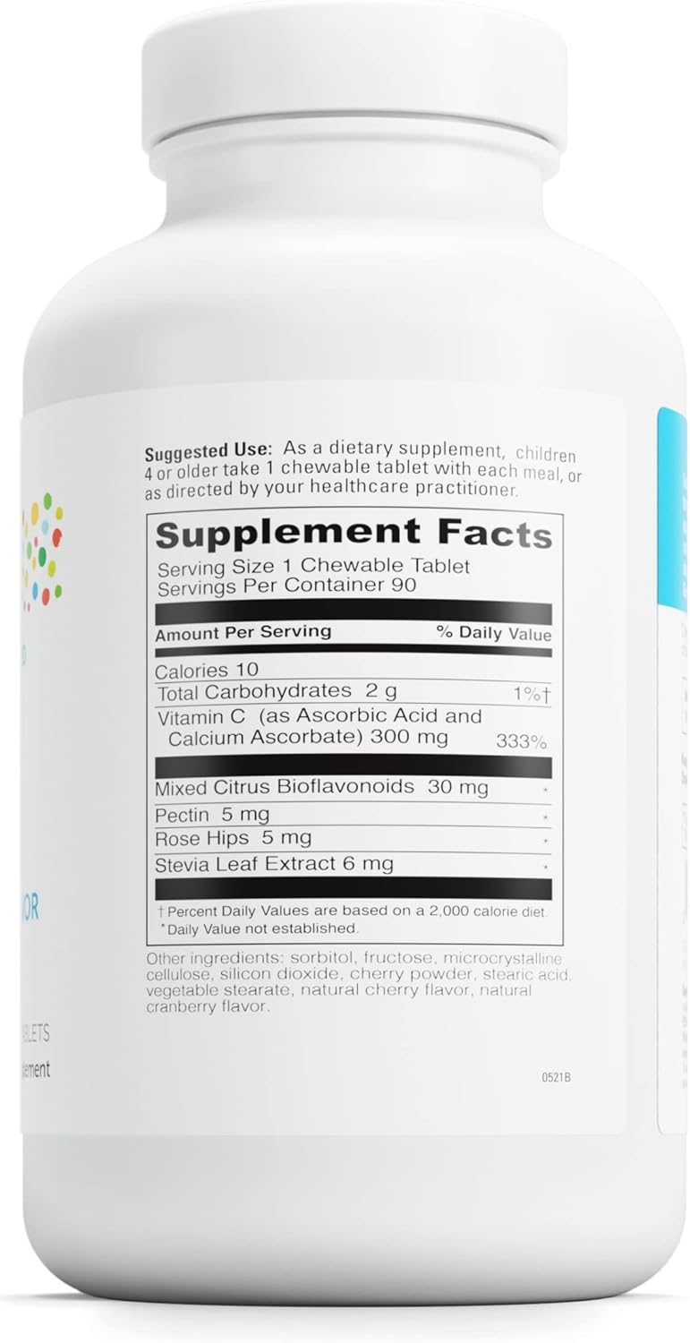 Cherry Flavored Kids Chewable Vitamin C Supplement with Pectin and Rose HIPS - Immune Support and Skin Health - 90 Tablets