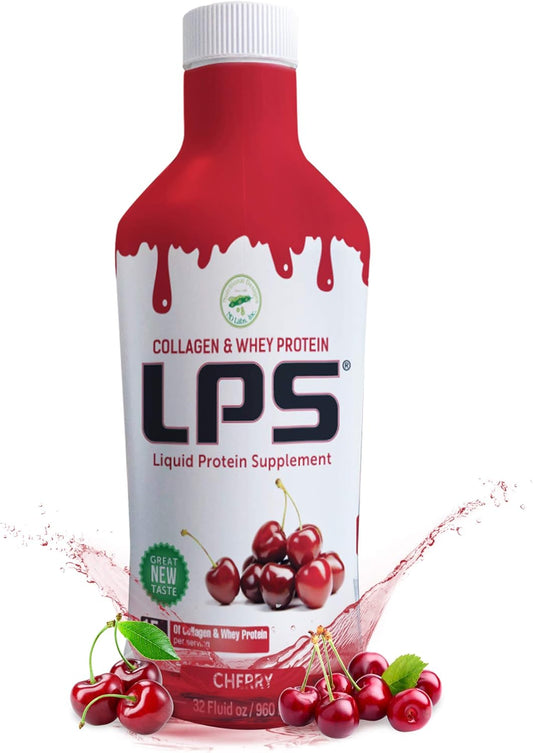 Cherry Flavored LPS Liquid Collagen & Whey Protein Supplement - Sugar-Free Non-GMO Drink for Healthy Skin & Hair - Men & Women