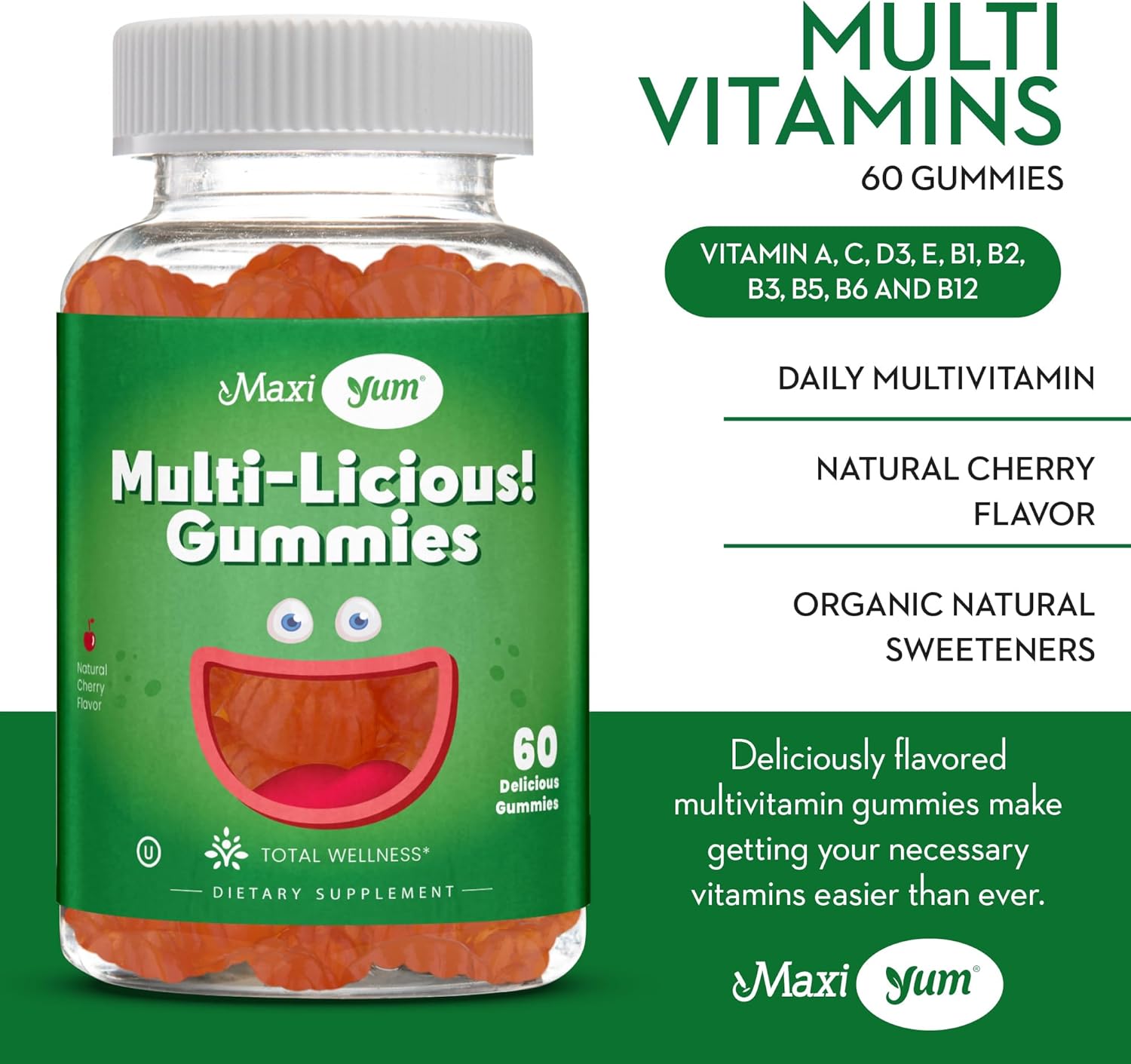 Cherry Flavored Maxi Health Multivitamin Gummies for Women, Men, and Kids - 60 Daily Multivitamins - Adults & Children's Vitamins