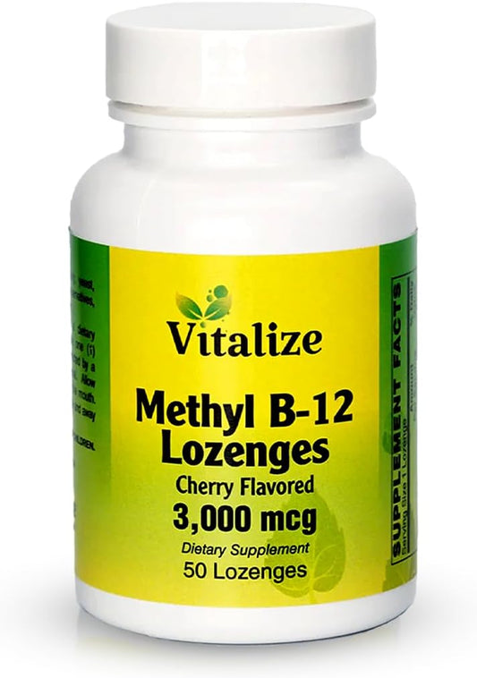 Cherry Flavored Methyl B-12 Lozenges - 3000 MCG B12 Supplement for Energy Production & Liver Health - 50 Lozenges