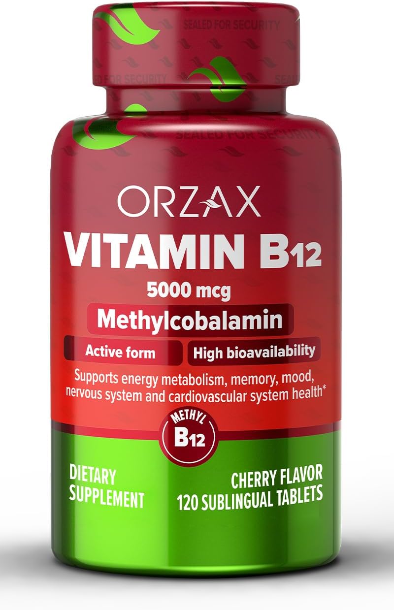 Cherry Flavored ORZAX Vitamin B12 5000 mcg Methylcobalamin - 120 Sublingual Tablets for Memory, Mood, Cardiovascular Health & Energy