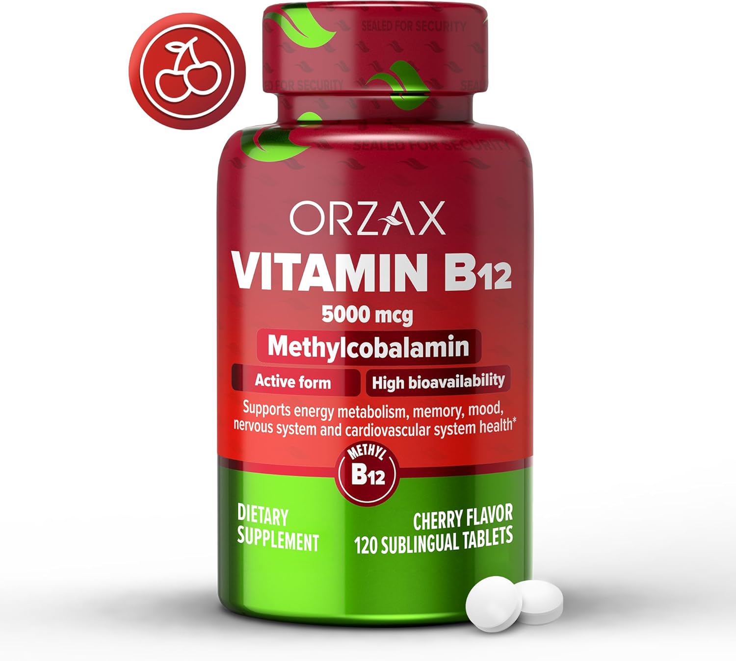 Cherry Flavored ORZAX Vitamin B12 5000 mcg Methylcobalamin - 120 Sublingual Tablets for Memory, Mood, Cardiovascular Health & Energy