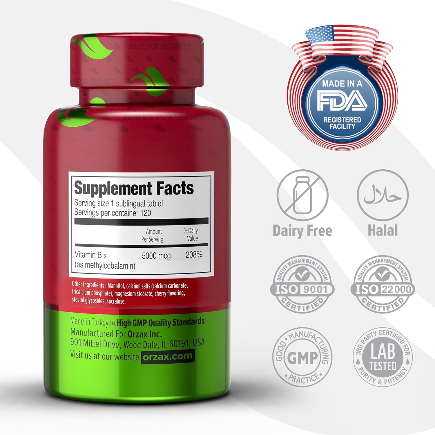 Cherry Flavored ORZAX Vitamin B12 5000 mcg Methylcobalamin - 120 Sublingual Tablets for Memory, Mood, Cardiovascular Health & Energy