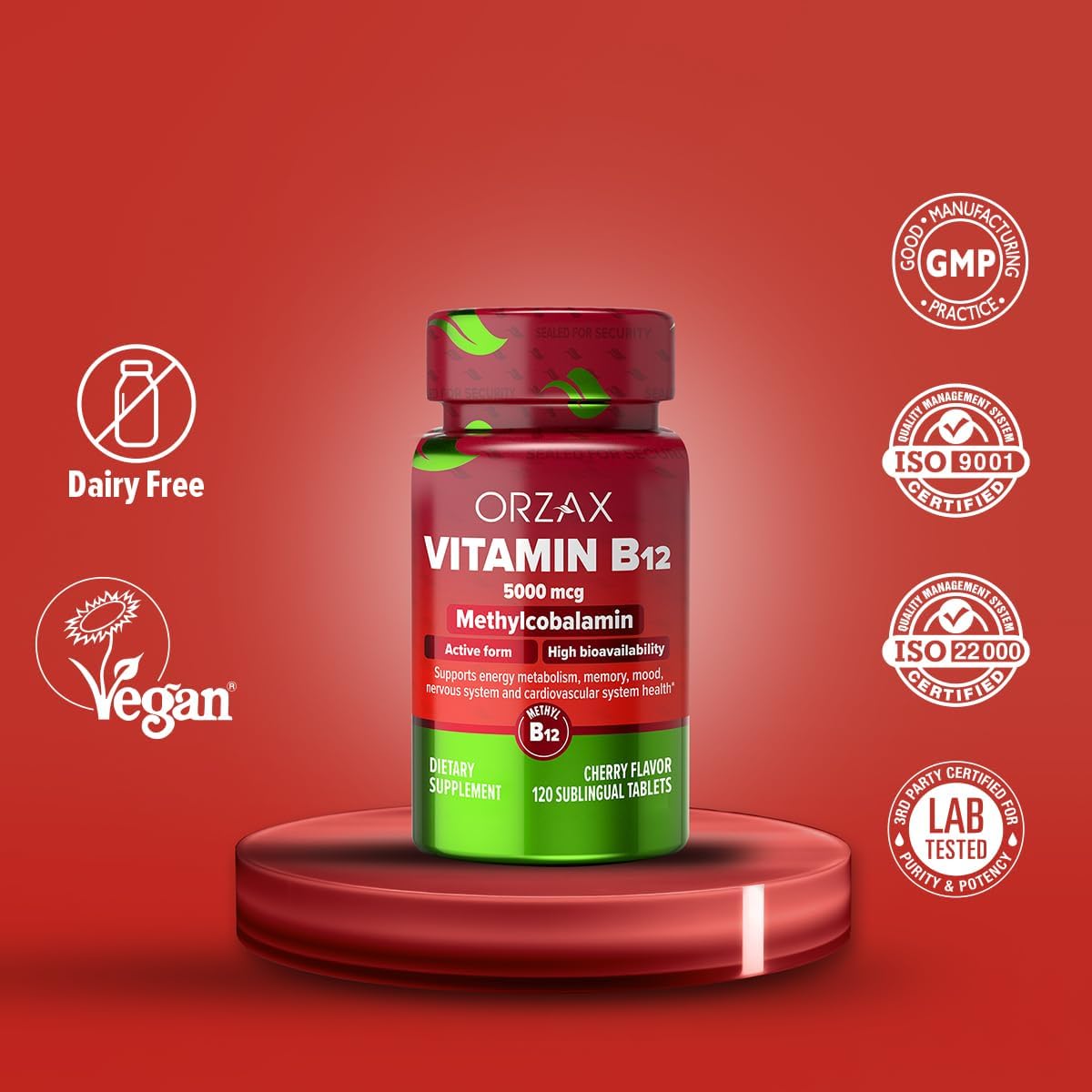 Cherry Flavored ORZAX Vitamin B12 5000 mcg Methylcobalamin - 120 Sublingual Tablets for Memory, Mood, Cardiovascular Health & Energy